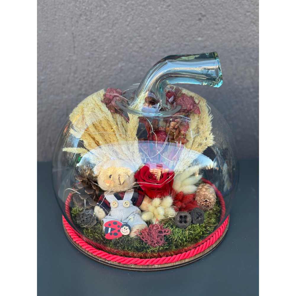 ÖZEL TASARIM ELMA KIRMIZI IŞIKLI SOLMAYAN GÜL